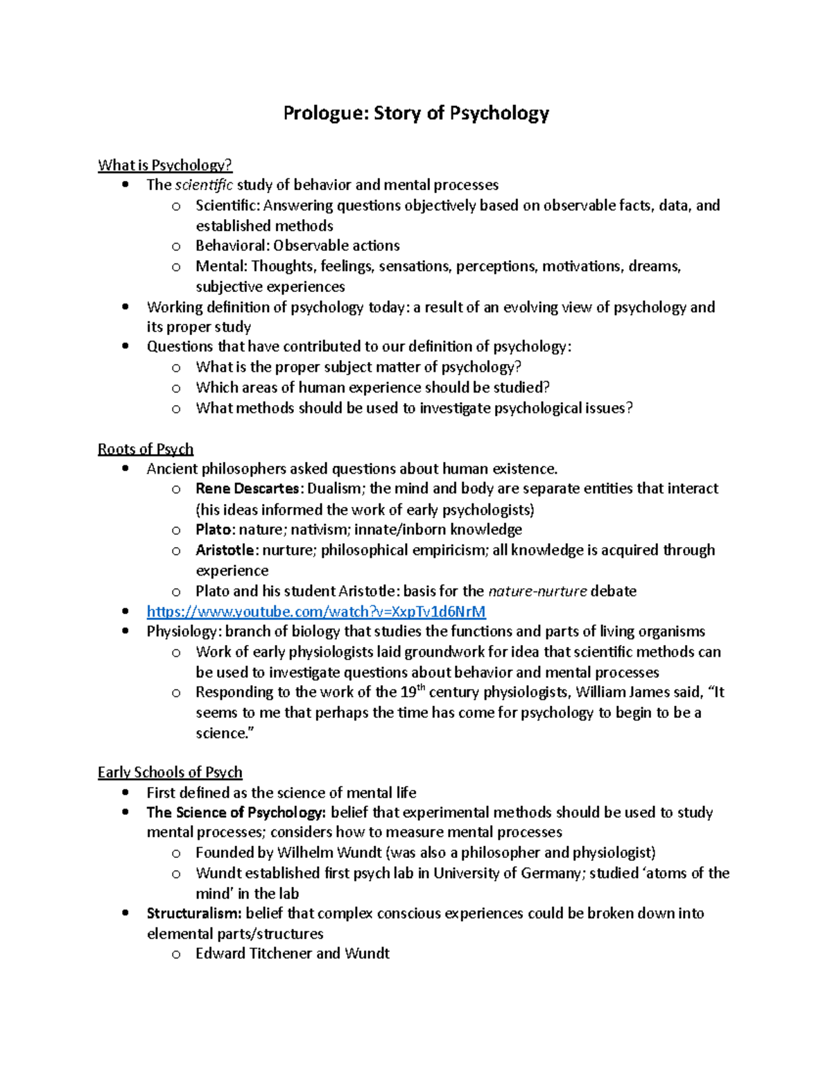 Psych Lecture Notes Midterm 1 - Prologue: Story of Psychology What is ...