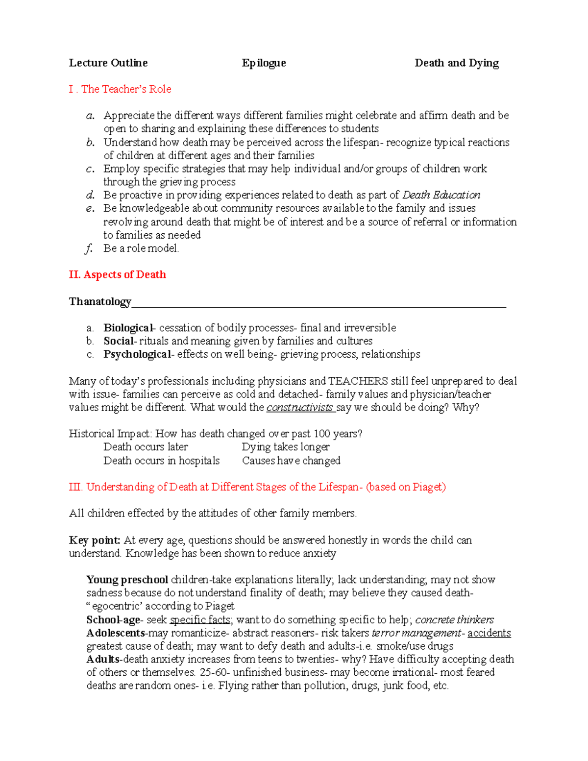 Death dying epilogue lecture notes f16 - Lecture Outline Epilogue Death ...