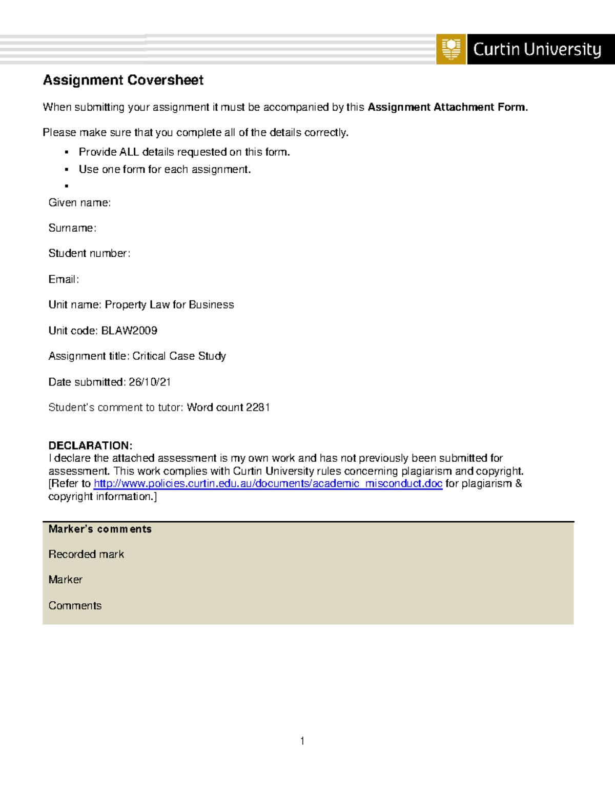 BLAW2009 Property Law Case Study Assignment Coversheet When