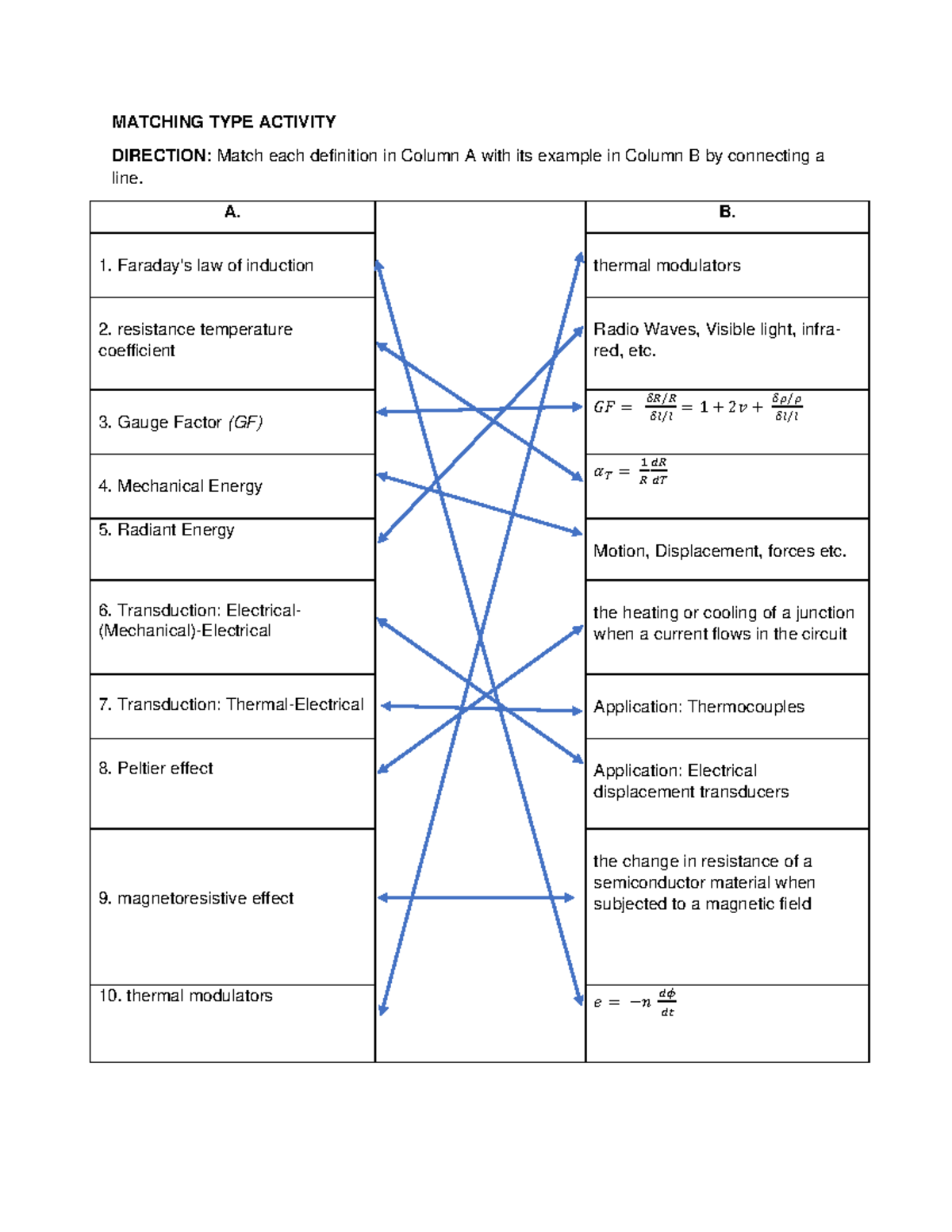 Matching type activity with answers - Electronics System AND Design ...