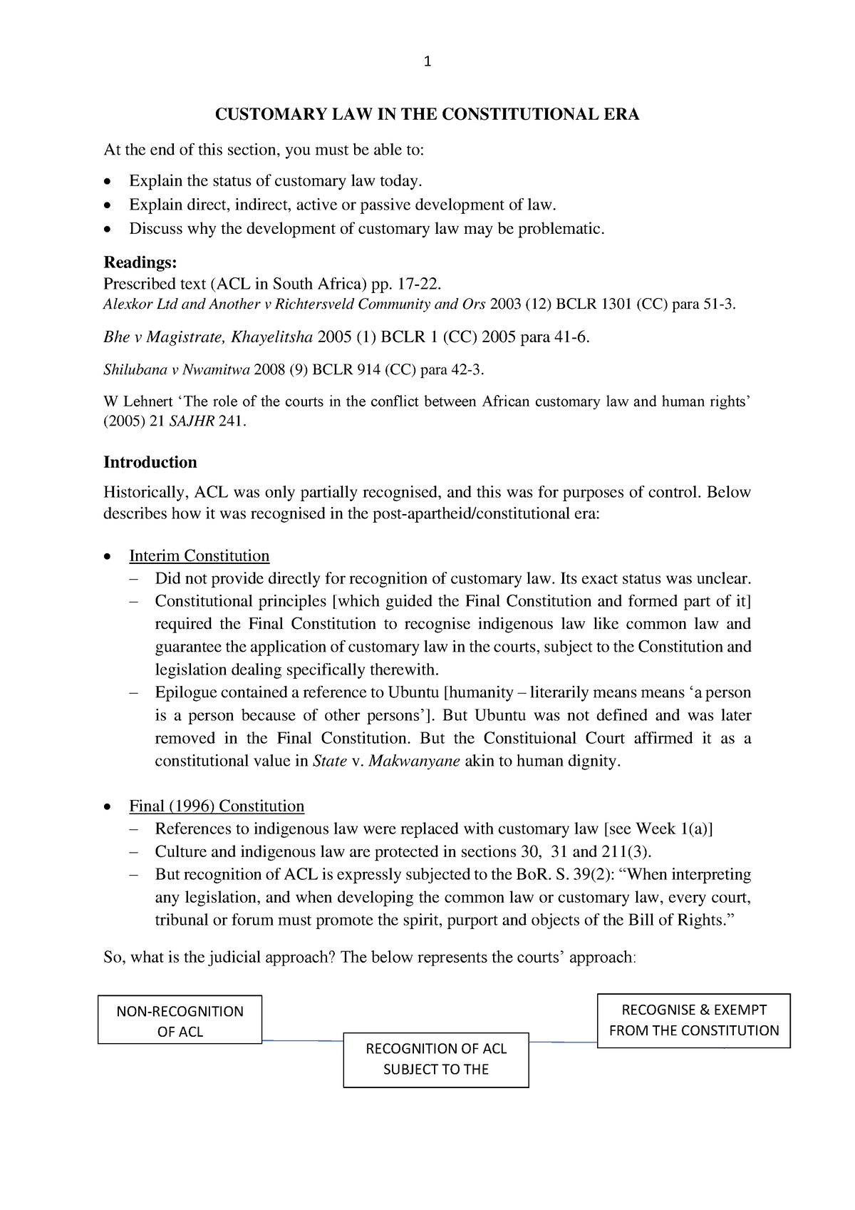 WEEK 3 - Historical Recognition And Application Of Customary Law ...