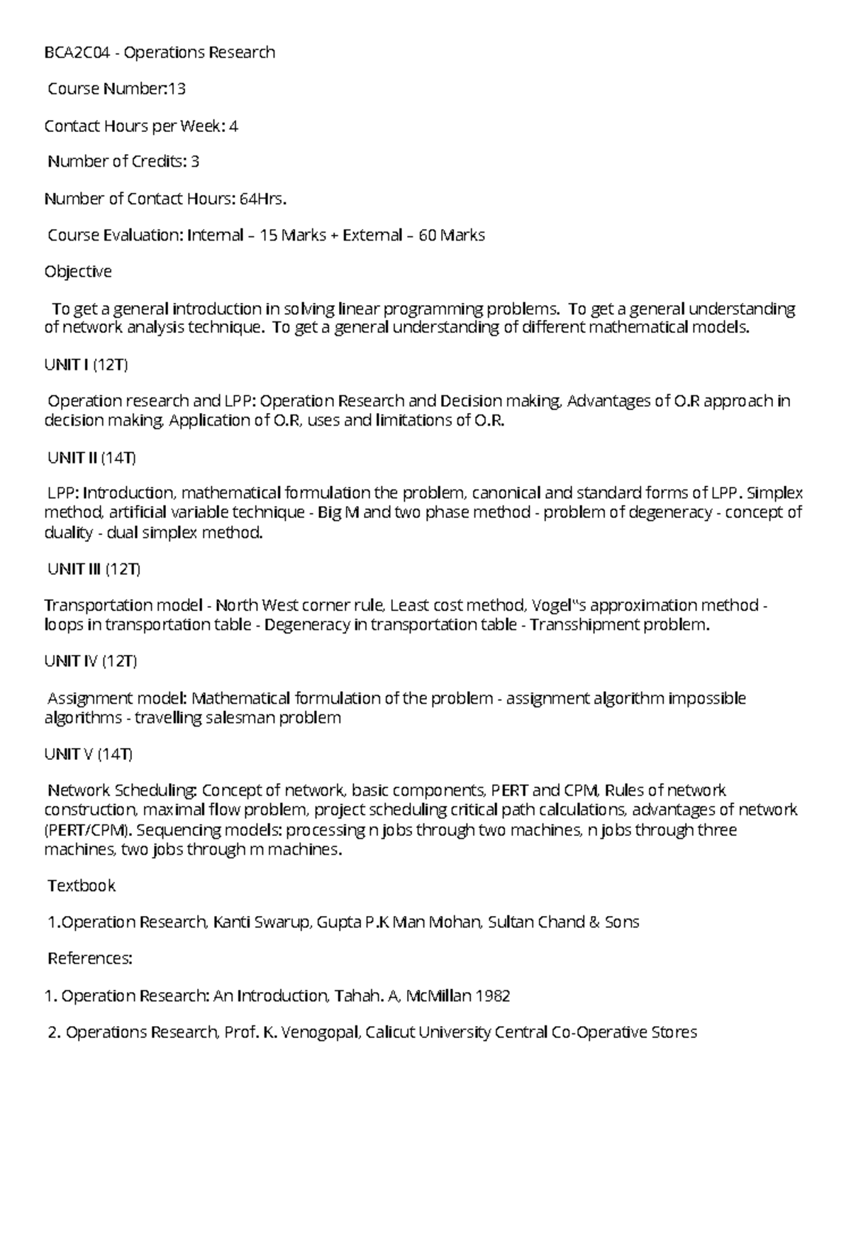 Operation Research - Bca2c04 - Operations Research Course Number 
