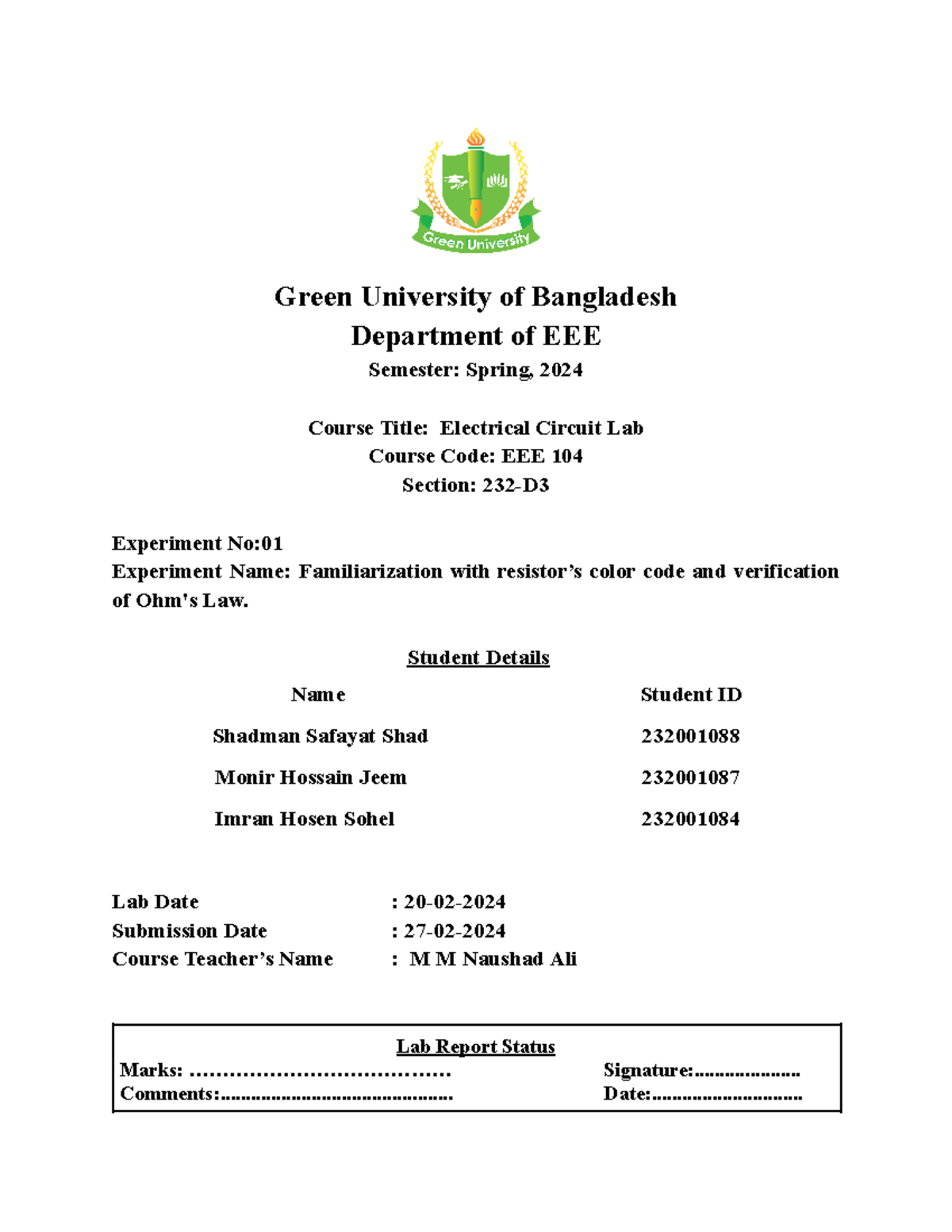 EEE 103 Lab report sample - Green University of Bangladesh Department ...