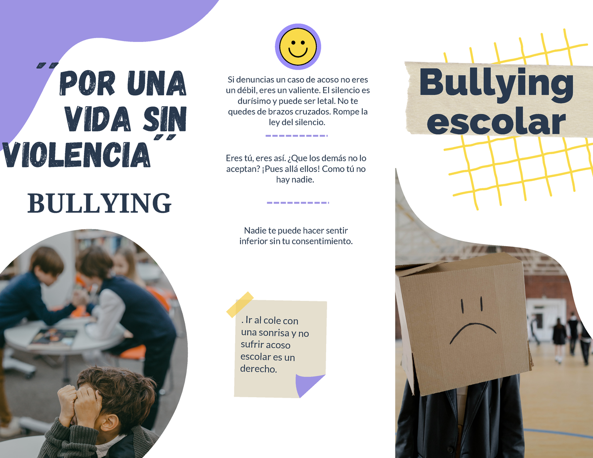 Tríptico Sobre El Bullying Acoso Escolar Creativo Morado Y Amarillo Bullying Escolar ́ ́por 8450