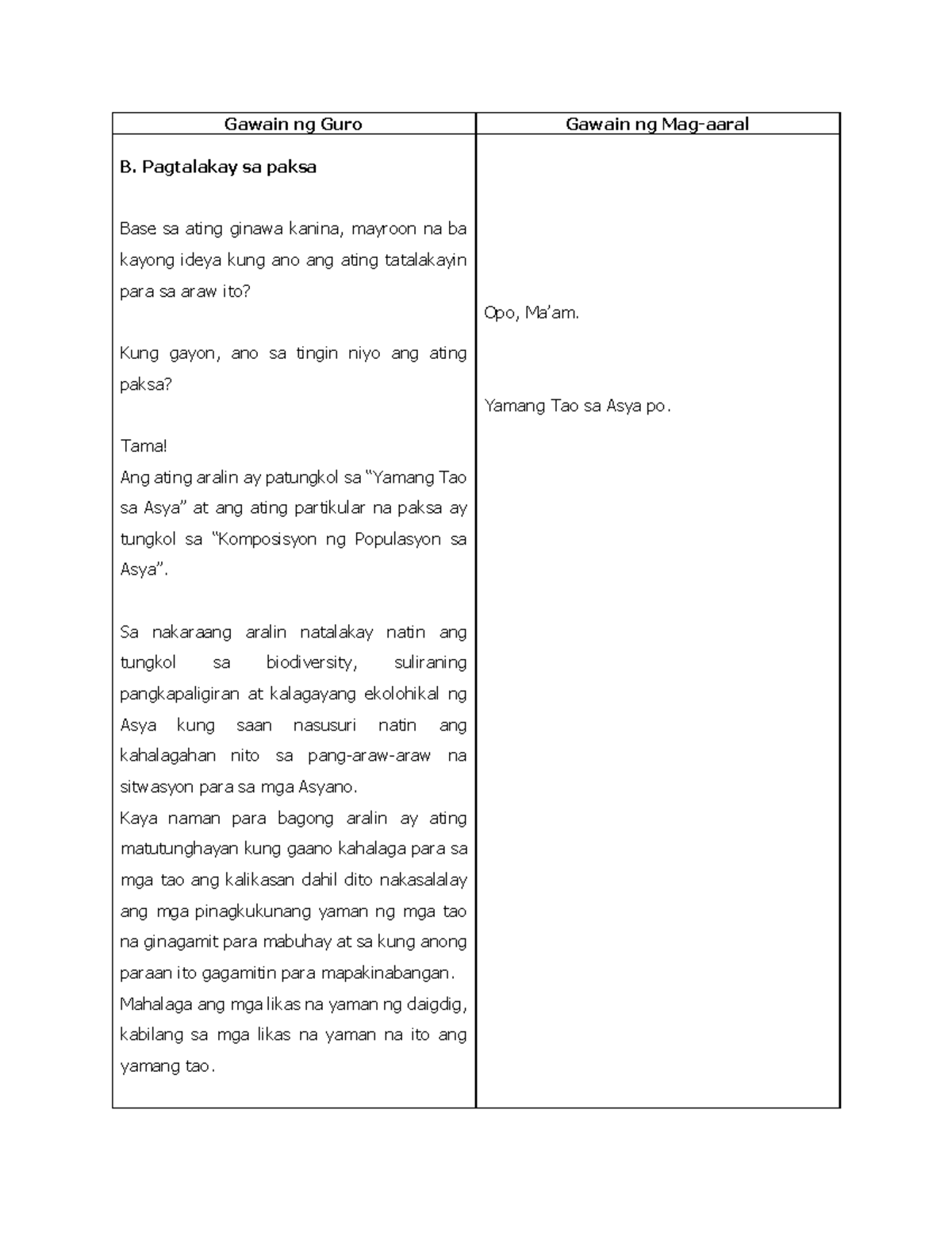 Lesson Plan Q1 M7 Yamang Tao Sa Asya Part 7 Gawain Ng Guro Gawain