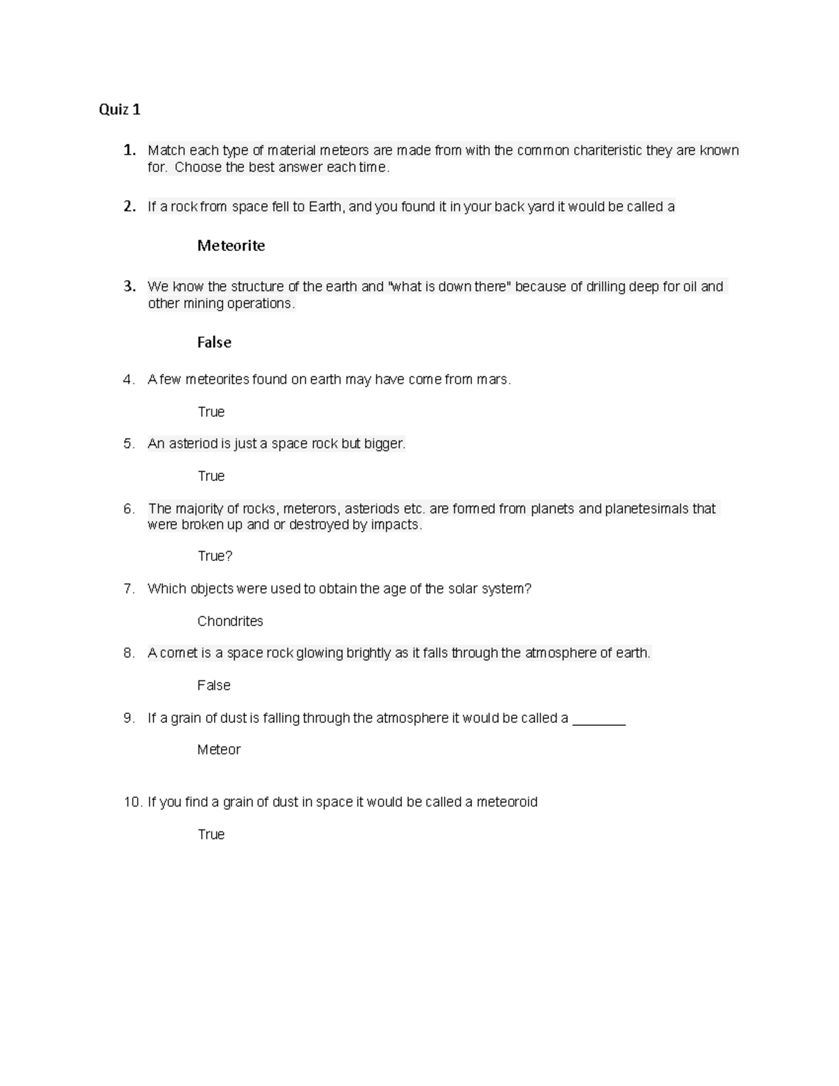 Quiz 1 Geology - These Are Answers To Quiz 1 On Blackboard - Quiz 1 1 ...