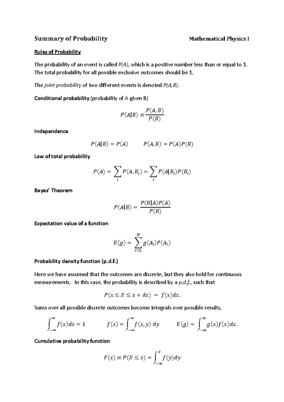 Probability-summary - ELG3126 - Summary of Probability Mathematical ...