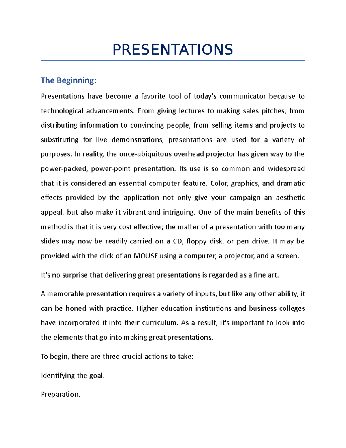 Brief NOTE ON Presentations - PRESENTATIONS The Beginning ...