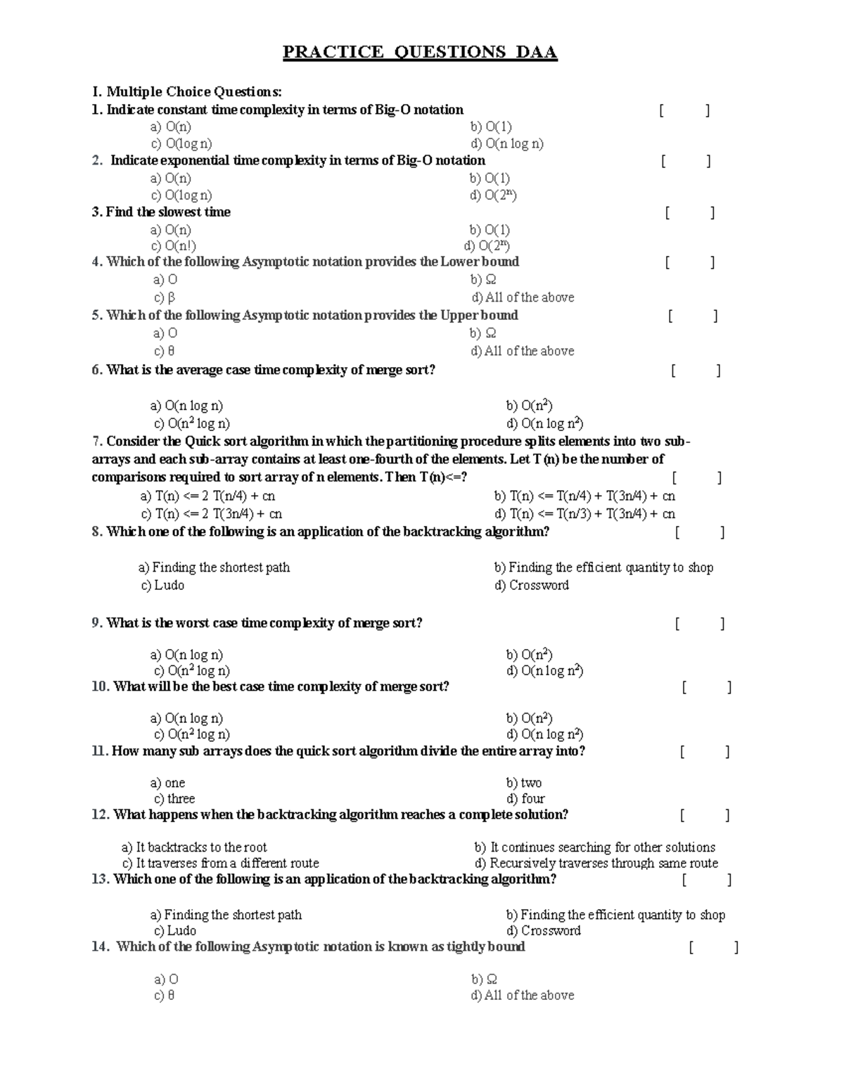 Practice Questions DAA - PRACTICE QUESTIONS DAA I. Multiple Choice ...