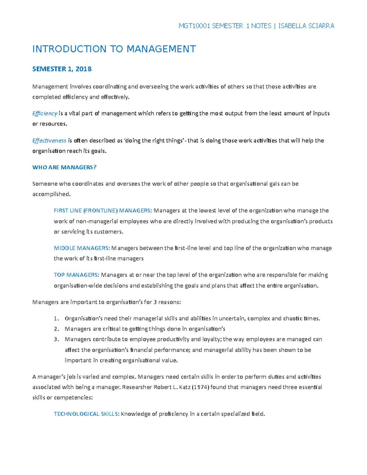 SEM 1 notes - MGT10001 SEMESTER 1 NOTES | ISABELLA SCIARRA INTRODUCTION ...