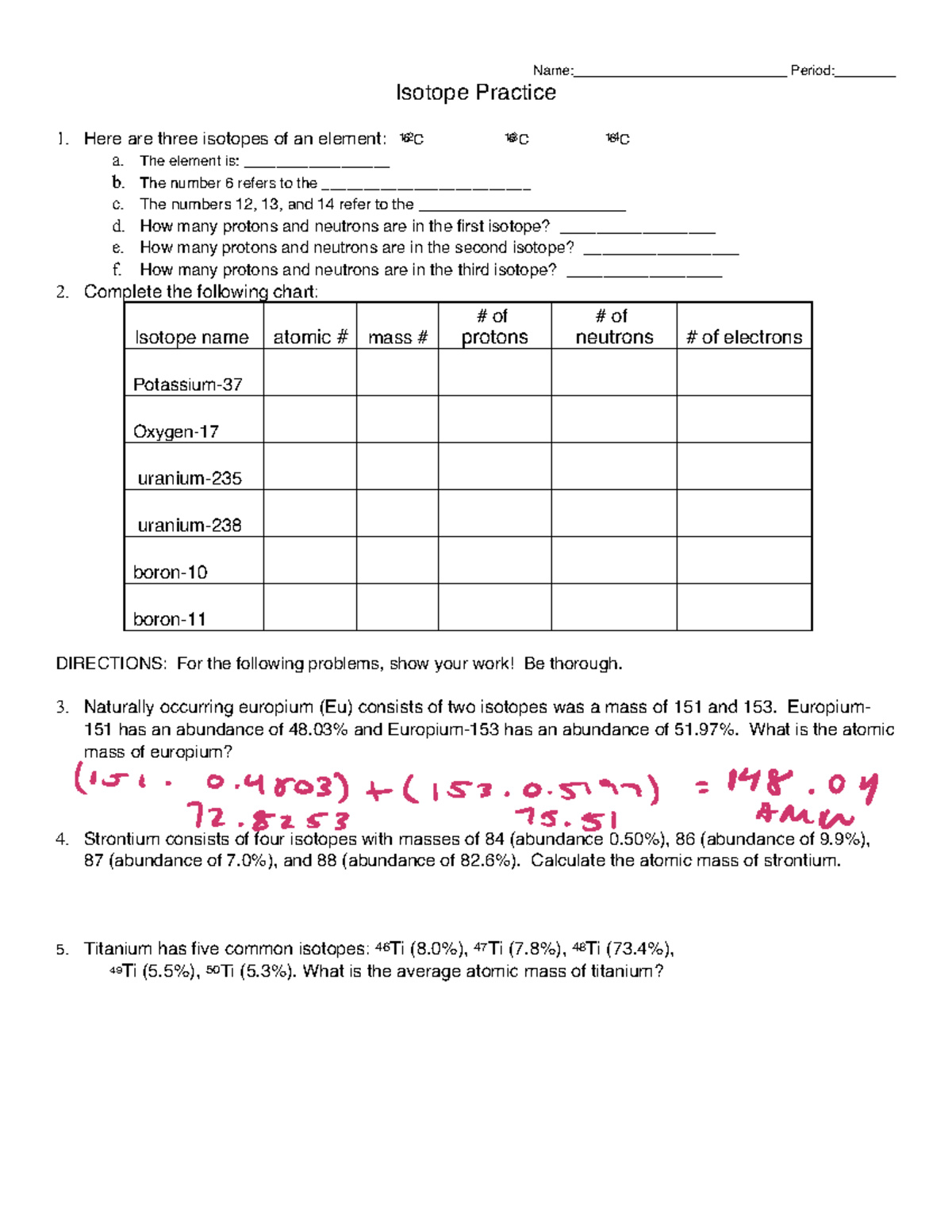 Isotope practice - eskandari summer - CHEM 21A - General In Isotope Practice Worksheet Answers