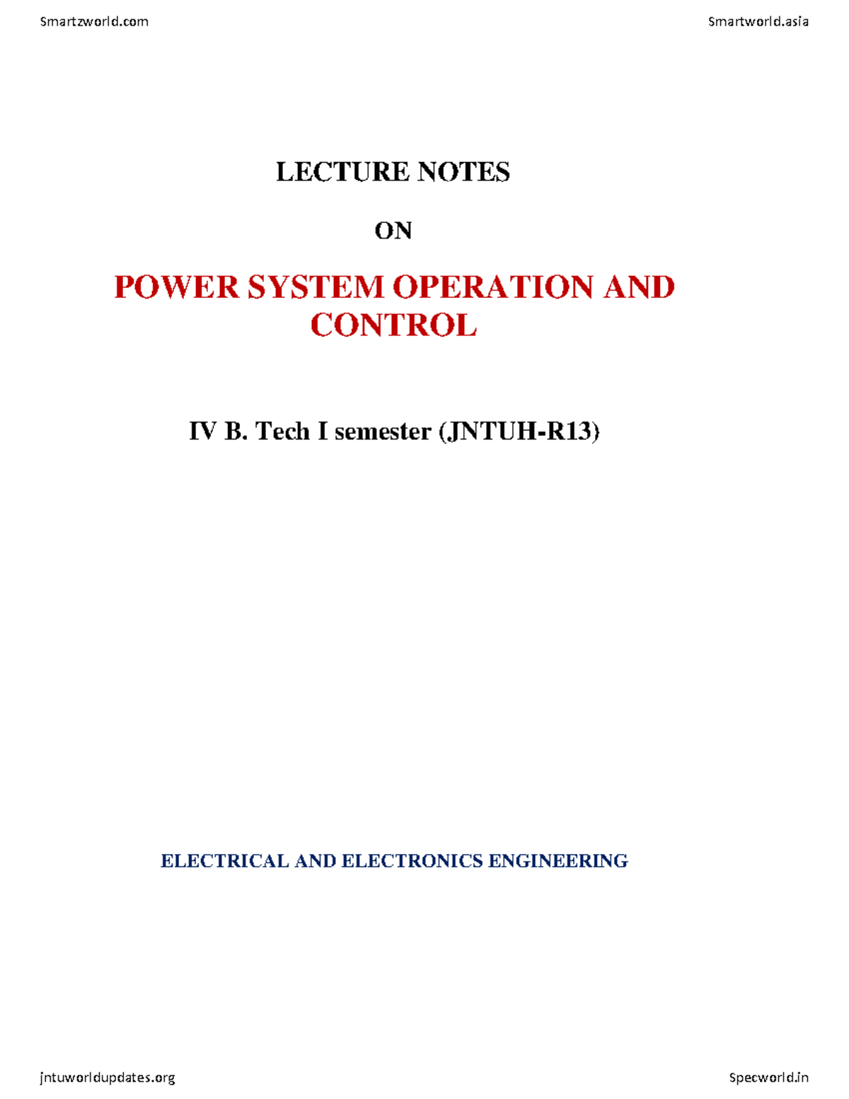 Power System Operation and Control LECTURE NOTES ON POWER SYSTEM