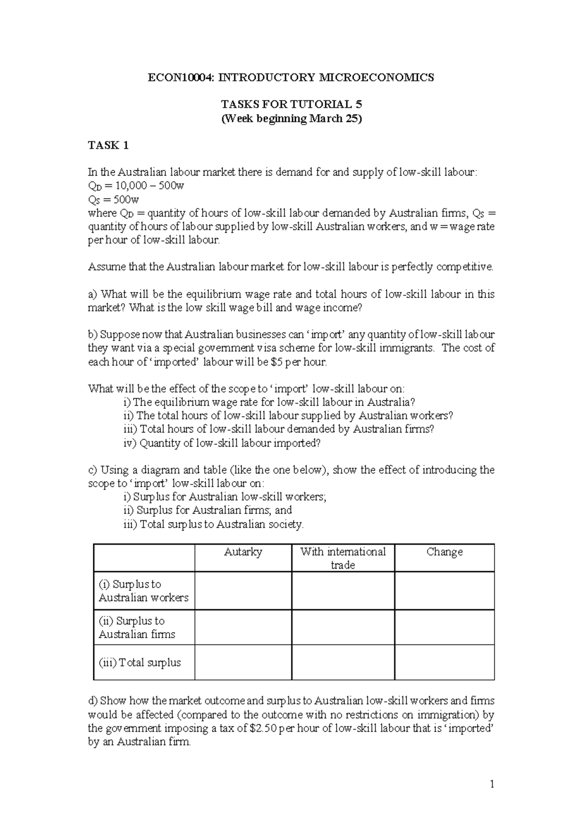 Week 5 Tutorial Questions - 1 ECON10004: INTRODUCTORY MICROECONOMICS ...