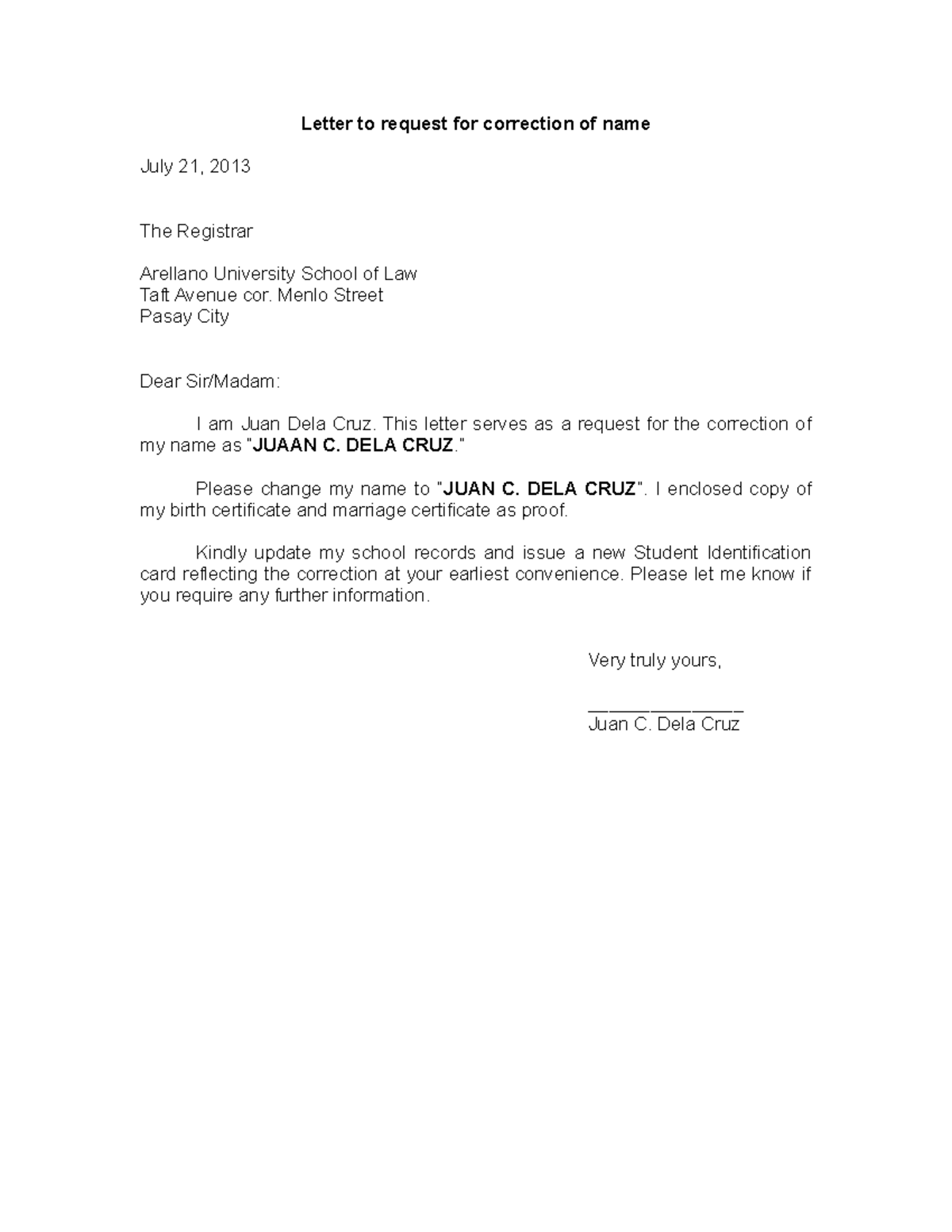 207653859 Letter Request For Correction Of Name Letter To Request For Correction Of Name July 21 Studocu