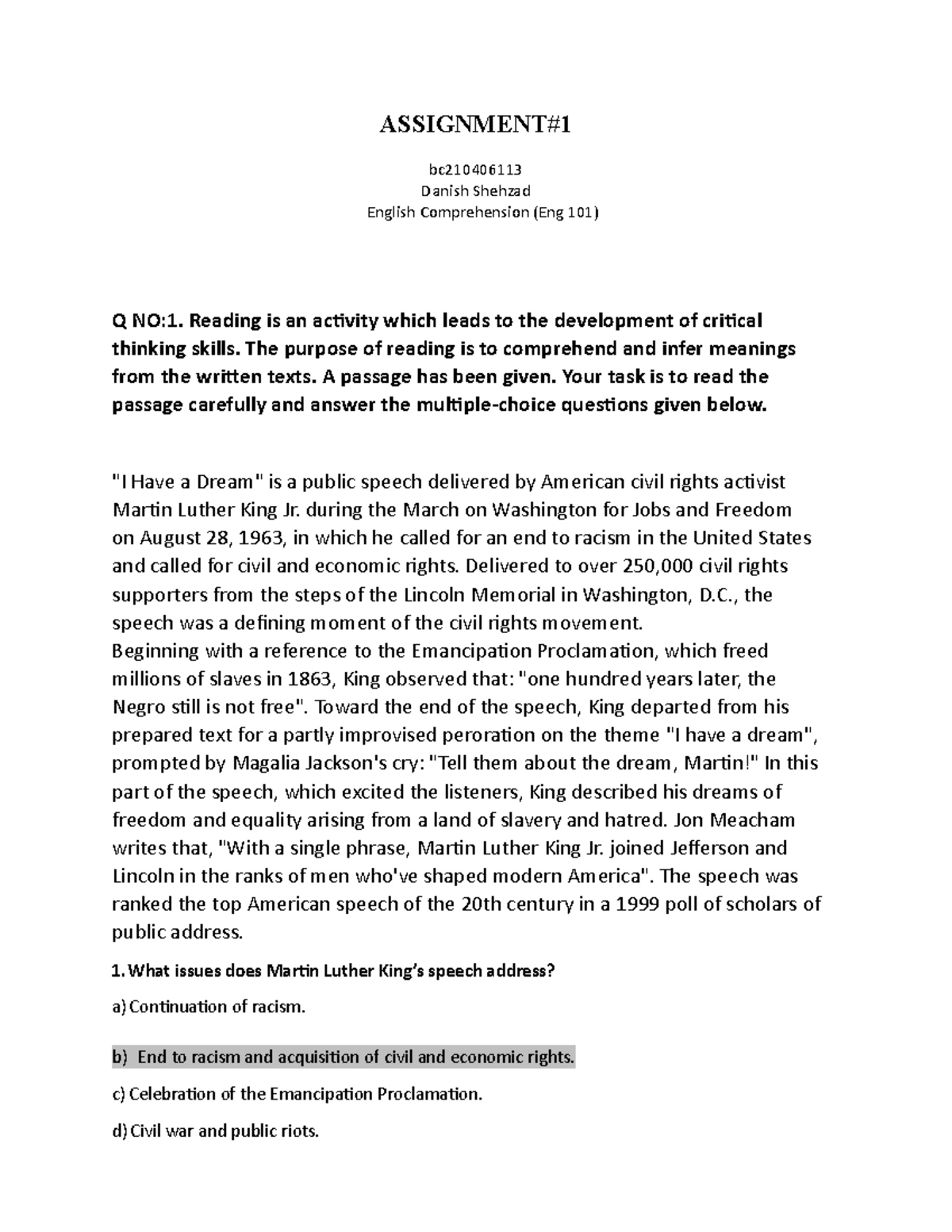 Assignment 1 english - ASSIGNMENT# bc Danish Shehzad English ...
