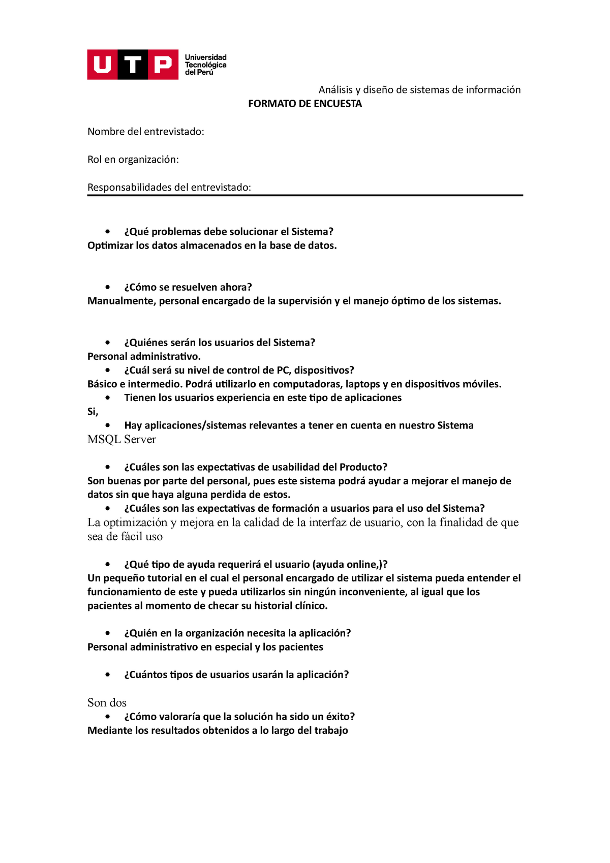 Formato DE Encuesta - Análisis y diseño de sistemas de información FORMATO  DE ENCUESTA Nombre del - Studocu