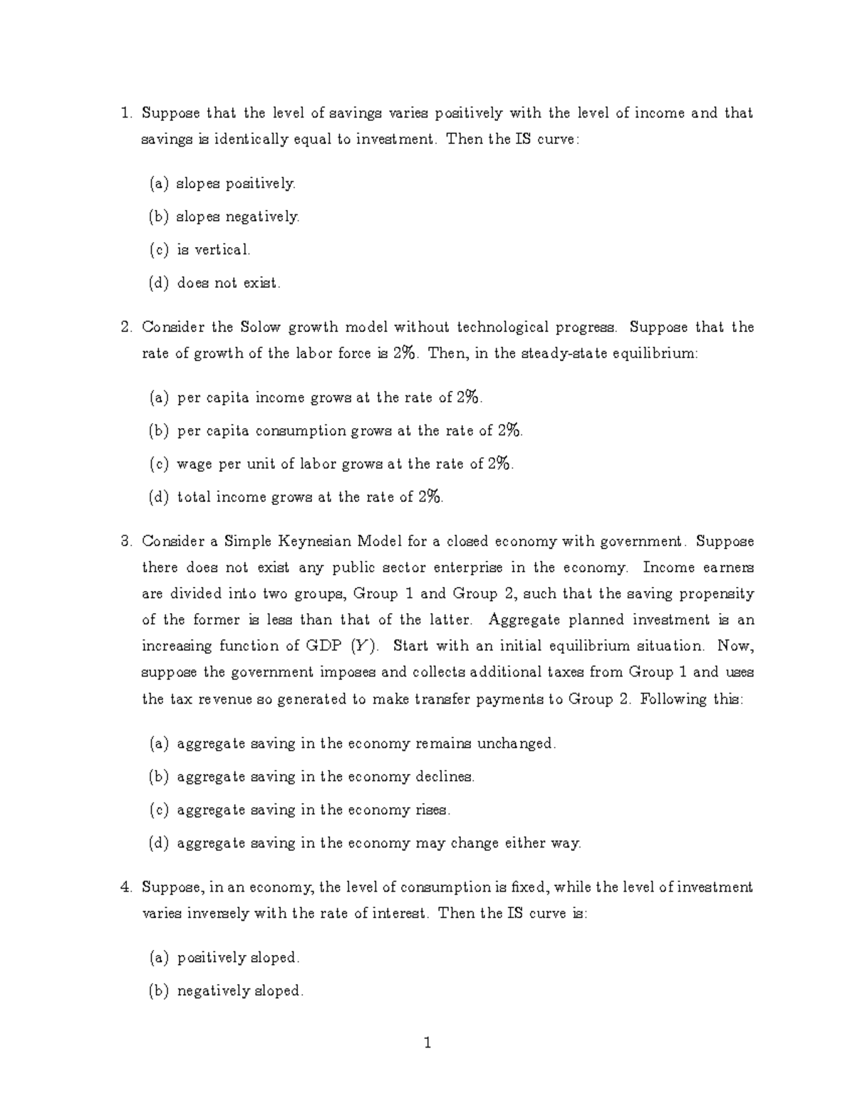 MSQE-PEA-2018 - Suppose That The Level Of Savings Varies Positively ...