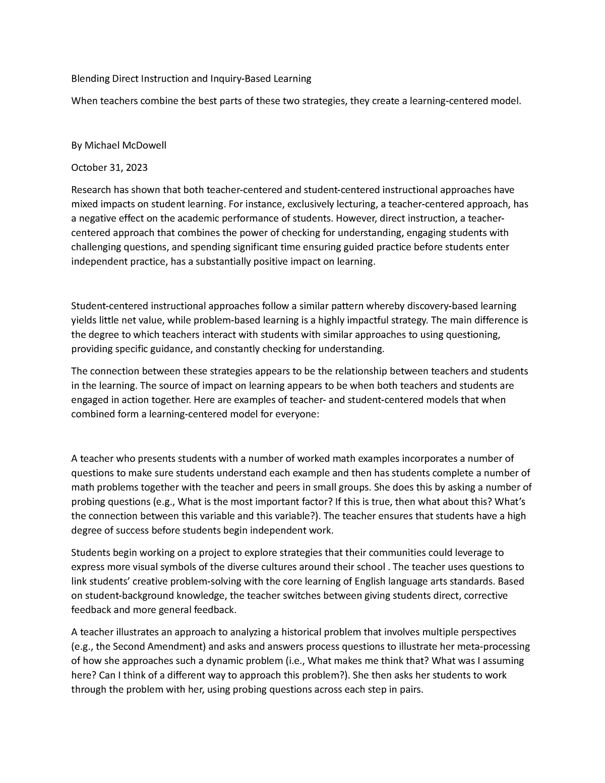 Blending Direct Instruction and Inquiry - By Michael McDowell October ...