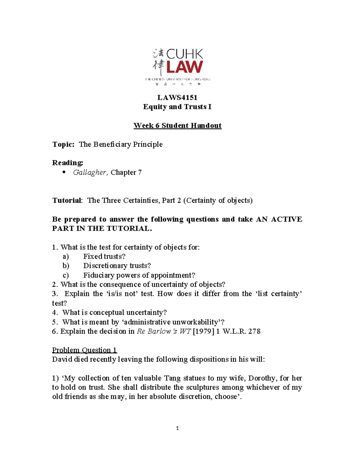 LAWS4151 Week 6 Student Handout - LAWS Equity and Trusts I Week 6 ...