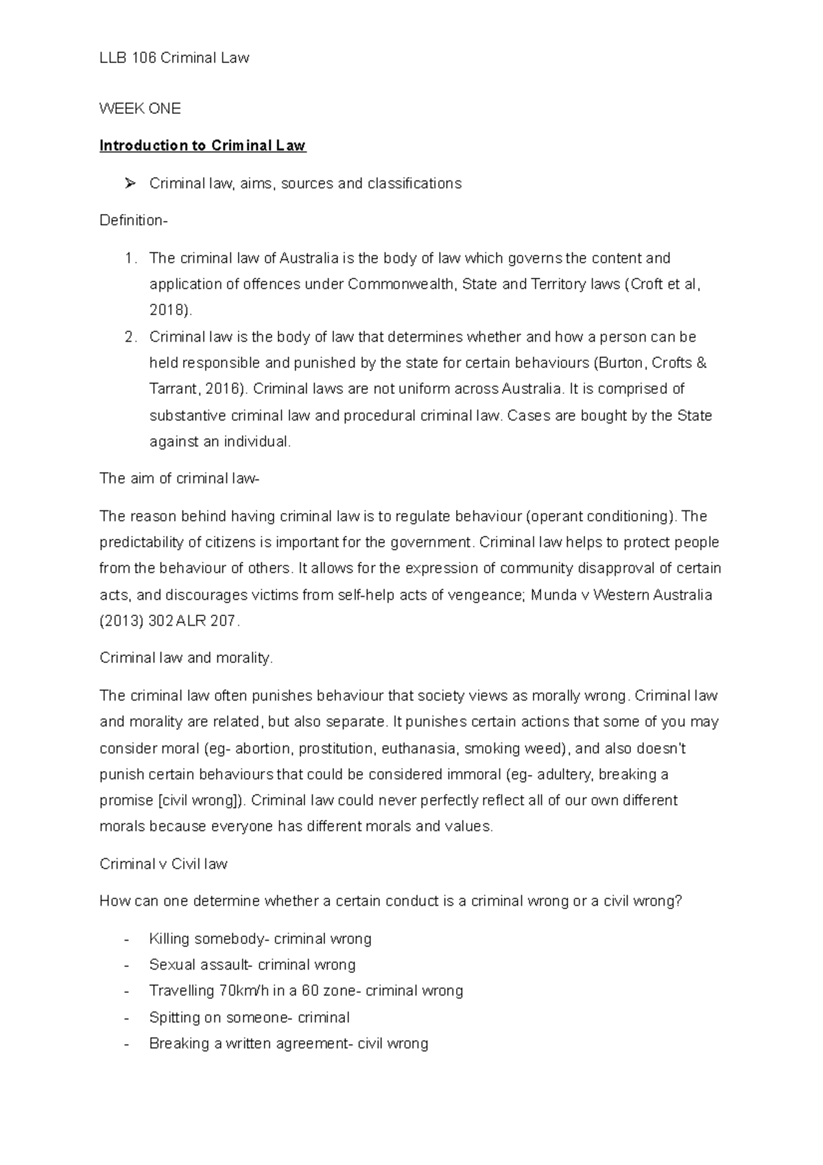 WEEK ONE notes - LLB 106 Criminal Law WEEK ONE Introduction to Criminal ...