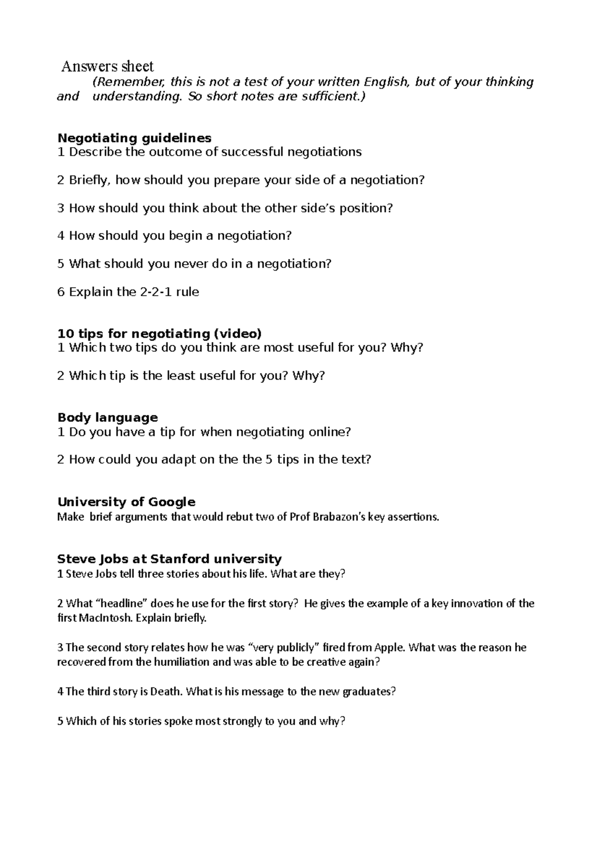 09 Answers sheet legal english Answers sheet (Remember, this is not