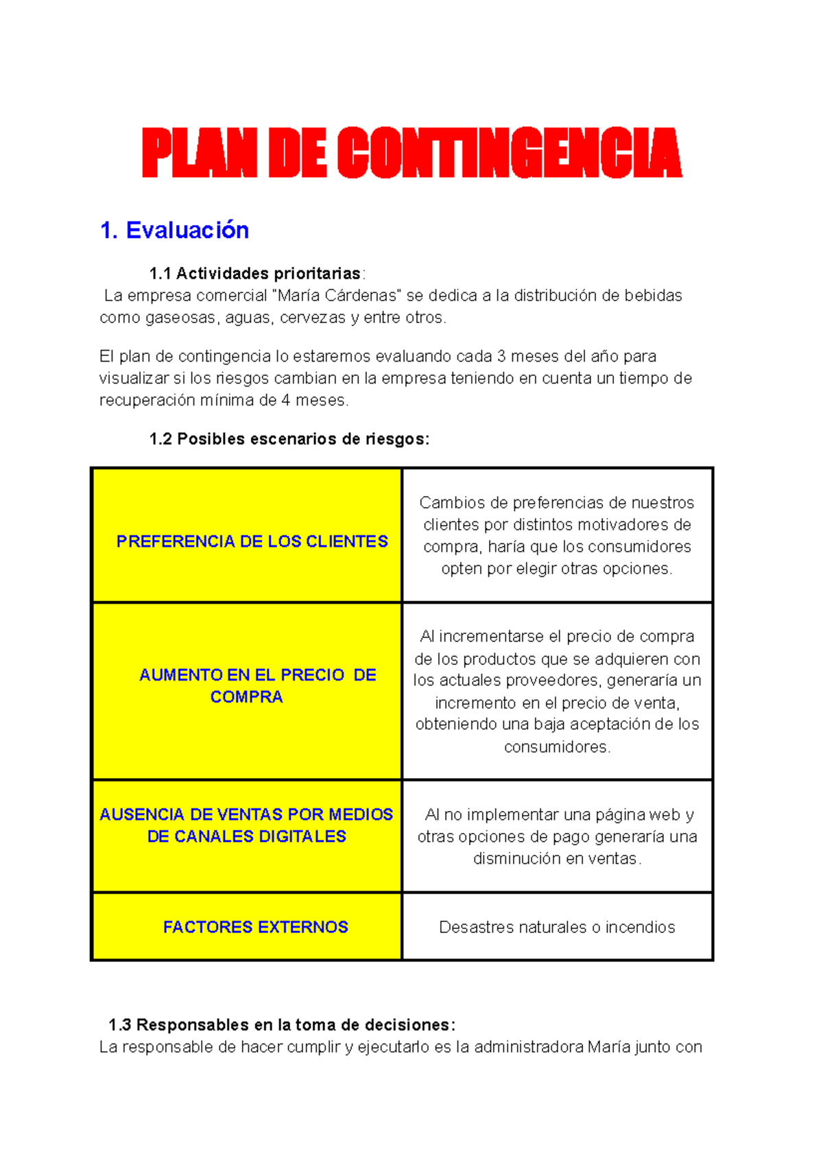 Anexo 1 PLAN DE Contingencia - PLAN DE CONTINGENCIA 1. Evaluación 1 ...