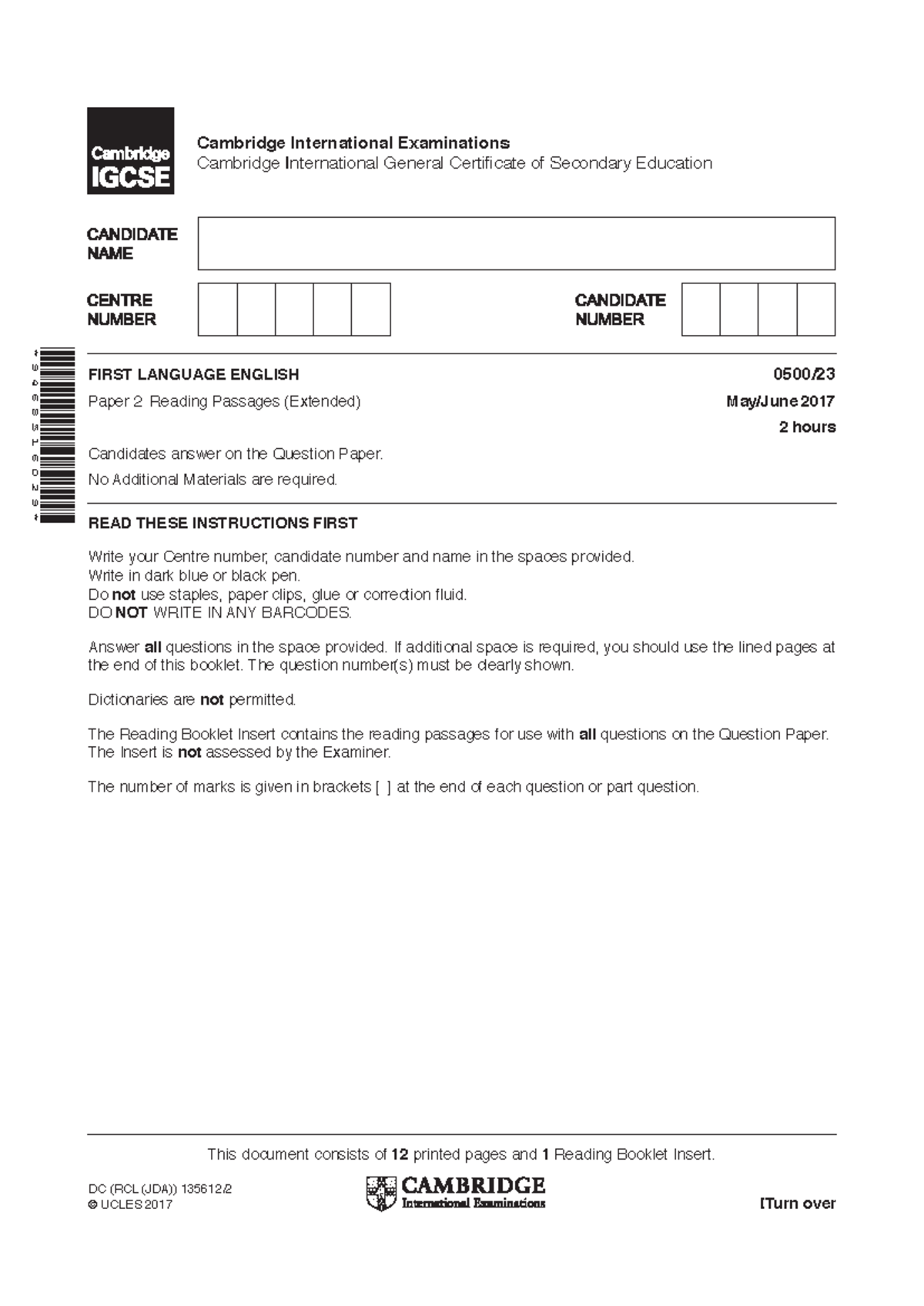 0500 s17 qp 23 - English primary checkpoint papers - This document ...