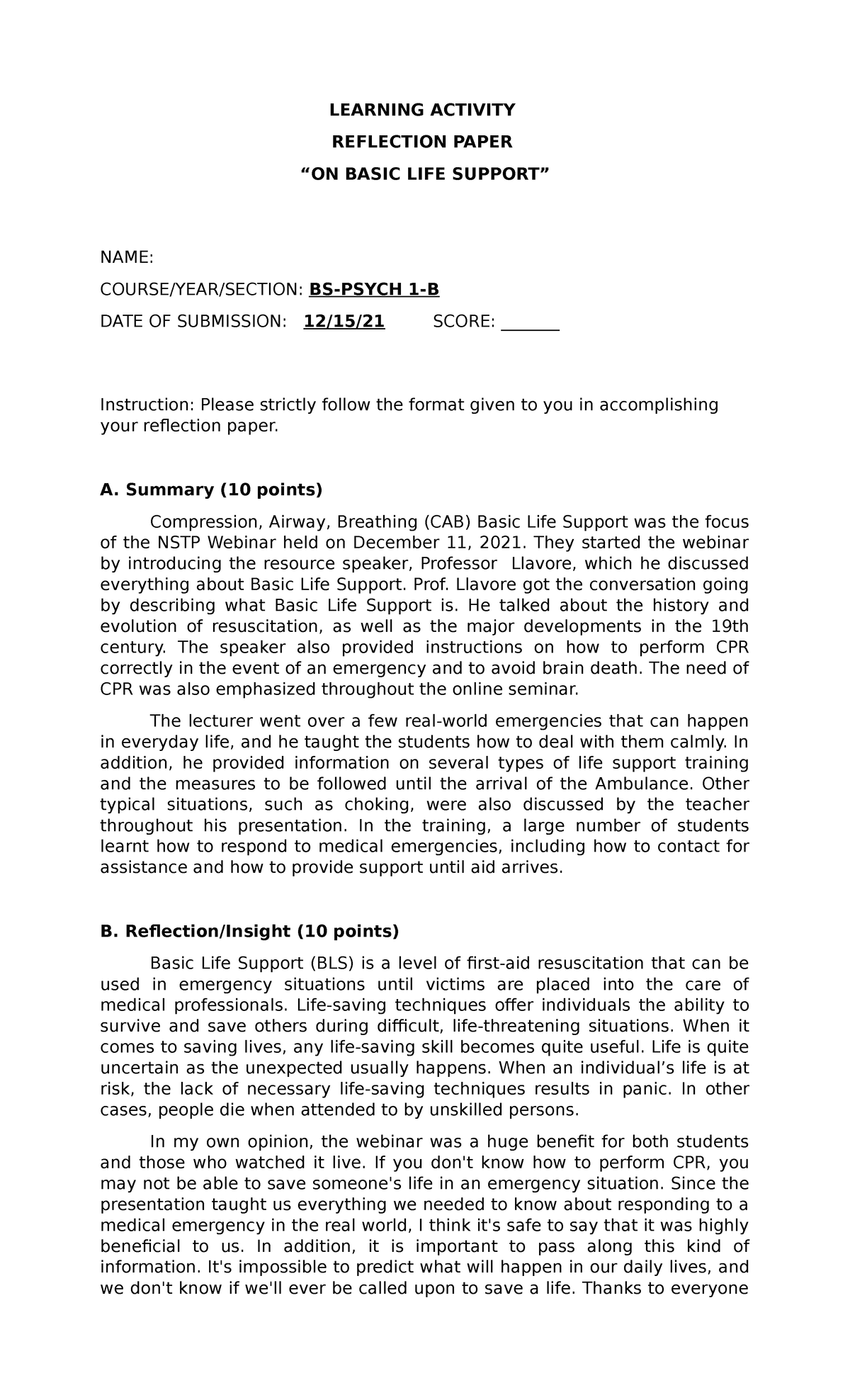 NSTP Basic LIFE Support LEARNING ACTIVITY REFLECTION PAPER ON BASIC 