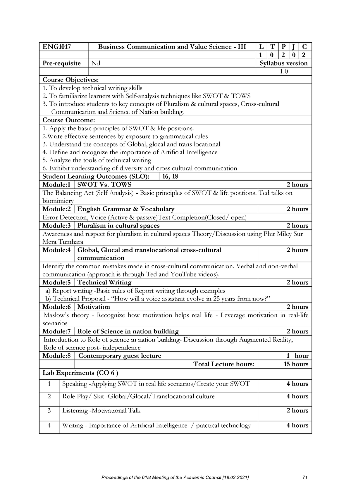 BCVS III 1007 coursepage ENG1017 Business Communication and Value