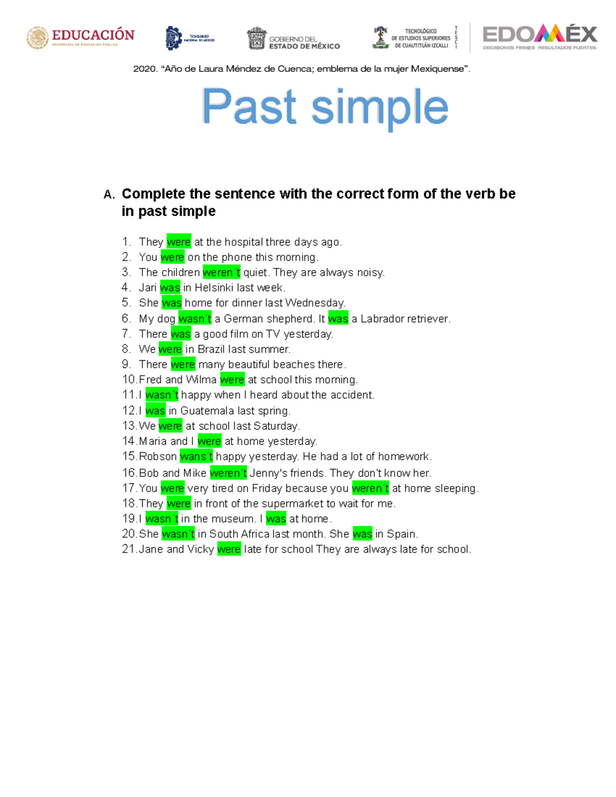 Practice 1 Past Simple - A. Complete the sentence with the correct form ...