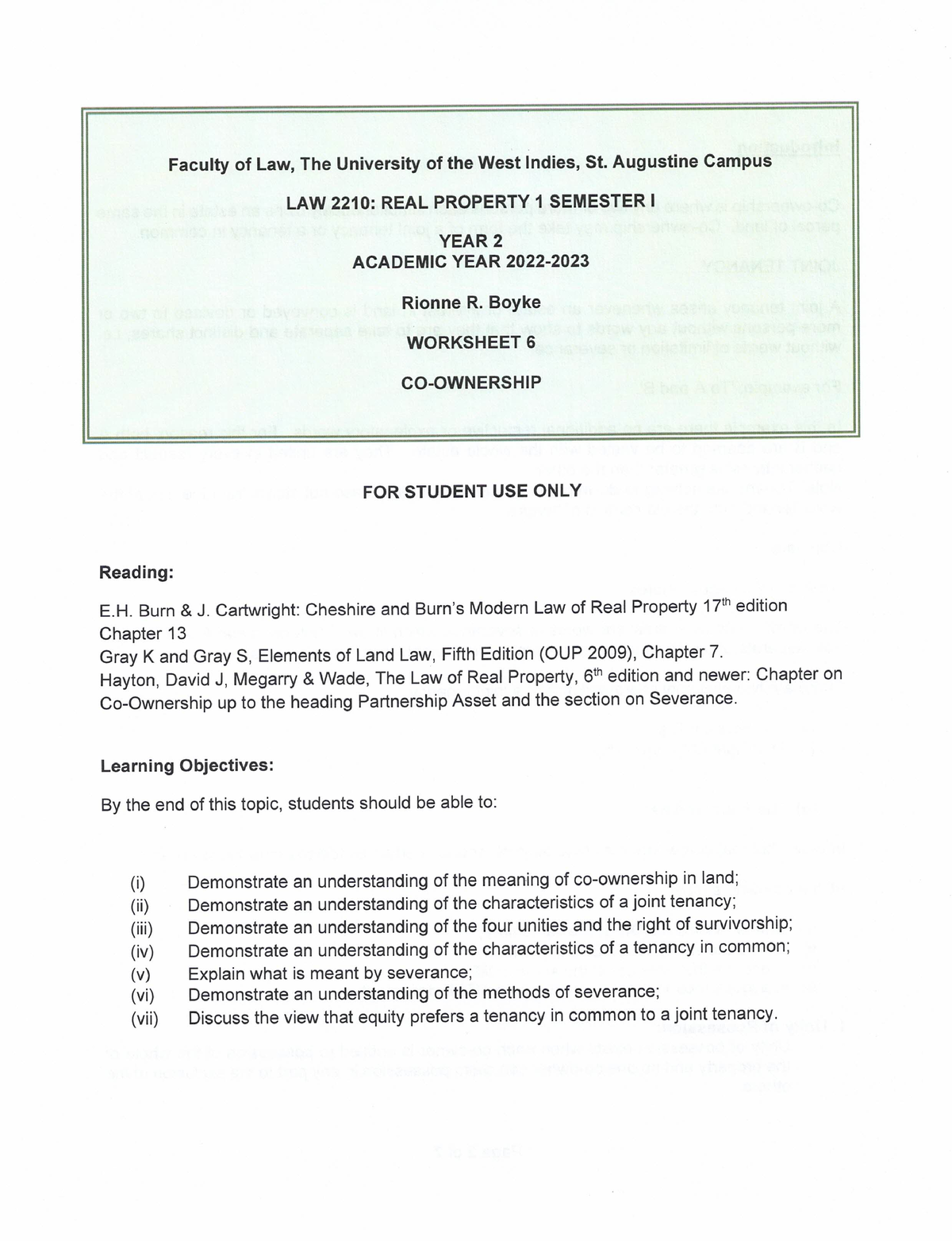 Faculty Of Law LAW 2210 Real Property 1 Worksheet 6 Co-Ownership ...