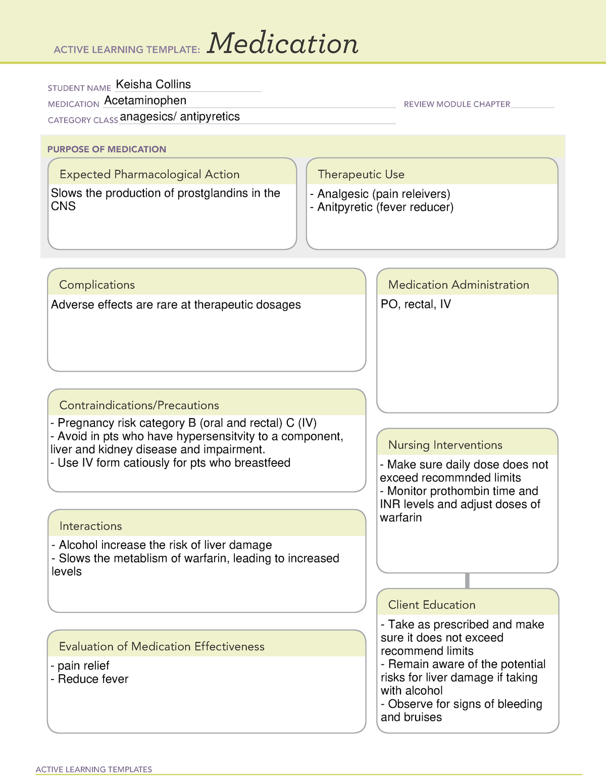 Acetaminophen med template ACTIVE LEARNING TEMPLATES Medication