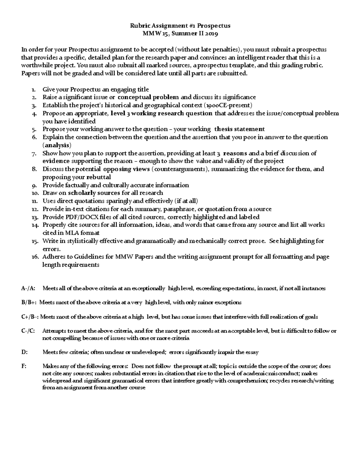 Rubric Assignment #1 Prospectus-3 - Rubric Assignment #1 Prospectus MMW ...
