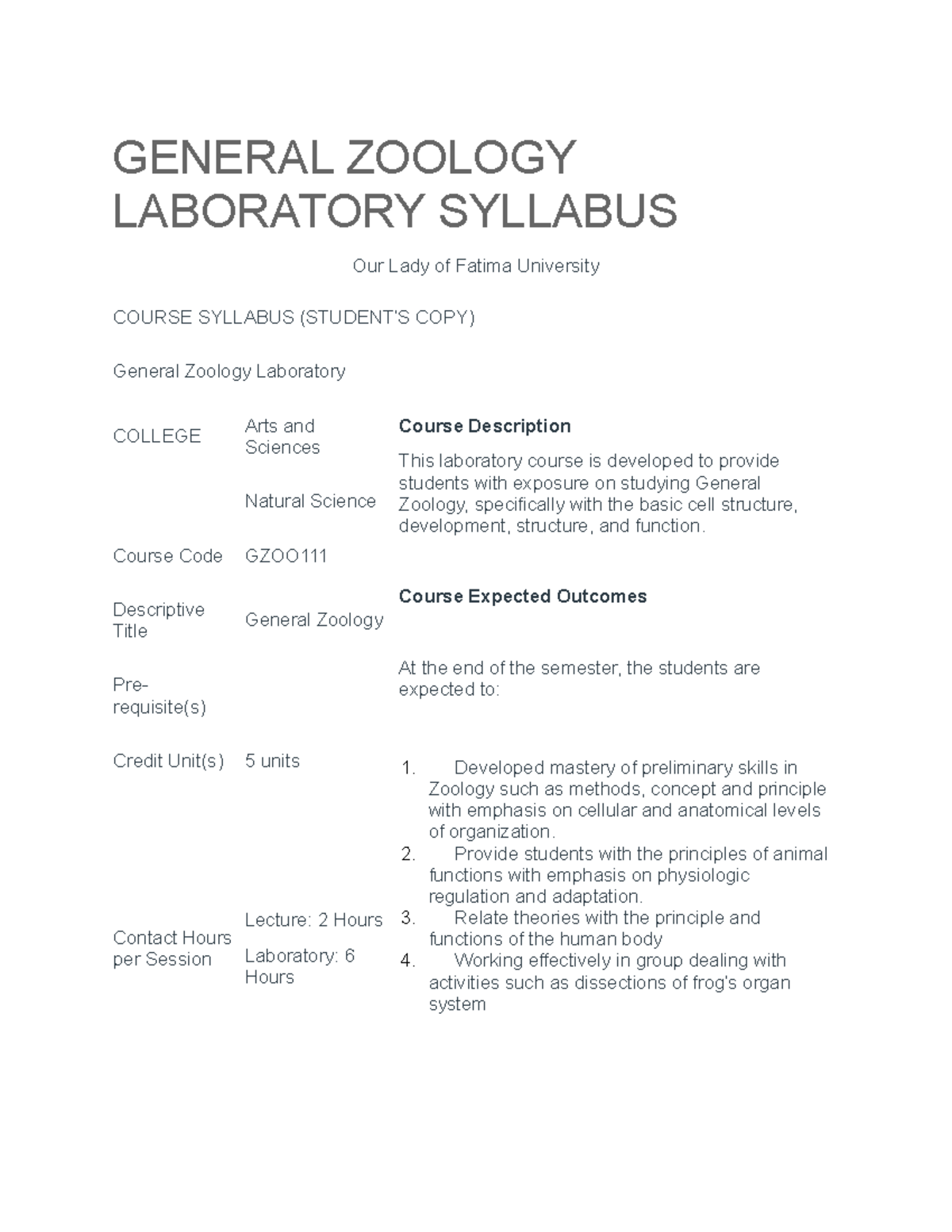 OLFU General Zoology Laboratory Syllabus GENERAL ZOOLOGY LABORATORY