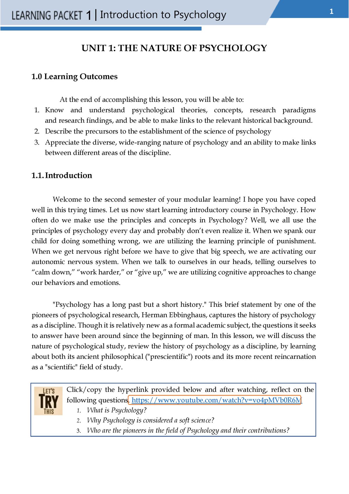 LP 1 In Intro To Psychology - 1 | Introduction To Psychology UNIT 1 ...