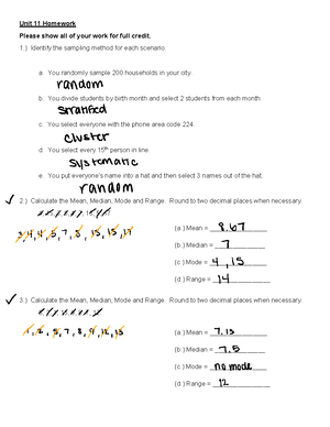 Math Unit 11 HW - Unit 11 Homework - Unit 11 Homework Please show