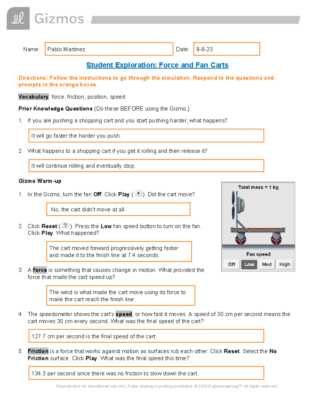 Copy of Force Fan Carts SE - Name: Pablo Martinez Date: 9-6- Student ...