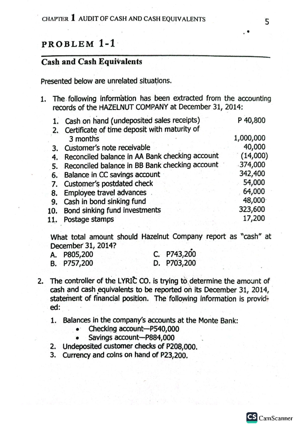 CCE-Reviewer - cash and cash equivalent reviewer problems - CHAPTER 1 ...