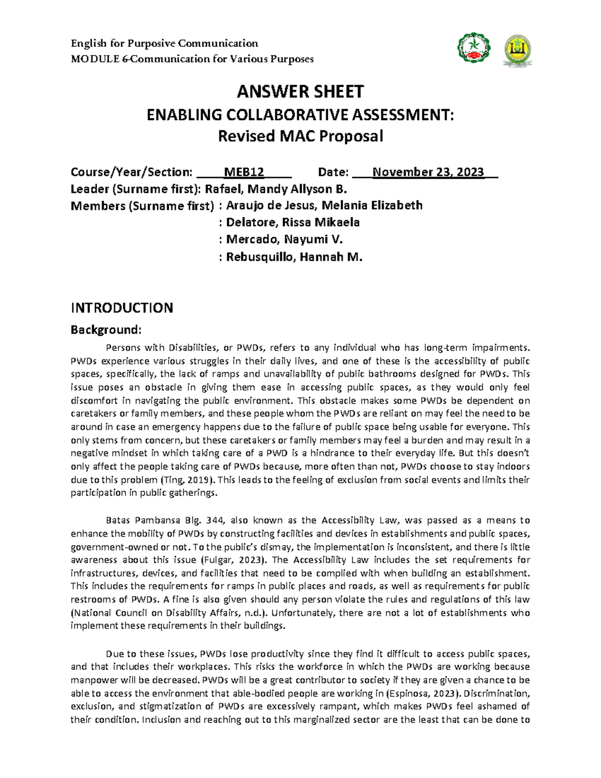 MAC proposal - Nothing - MODULE 6 - Communication for Various Purposes ...