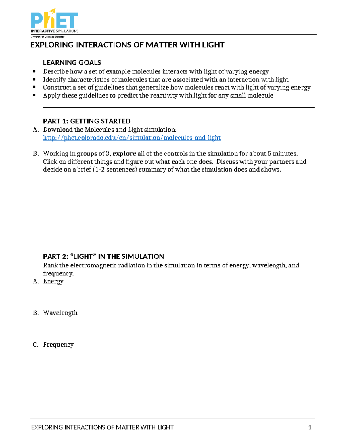 Phet - Molecules And Light Guided Inquiry Student Handout - EXPLORING ...
