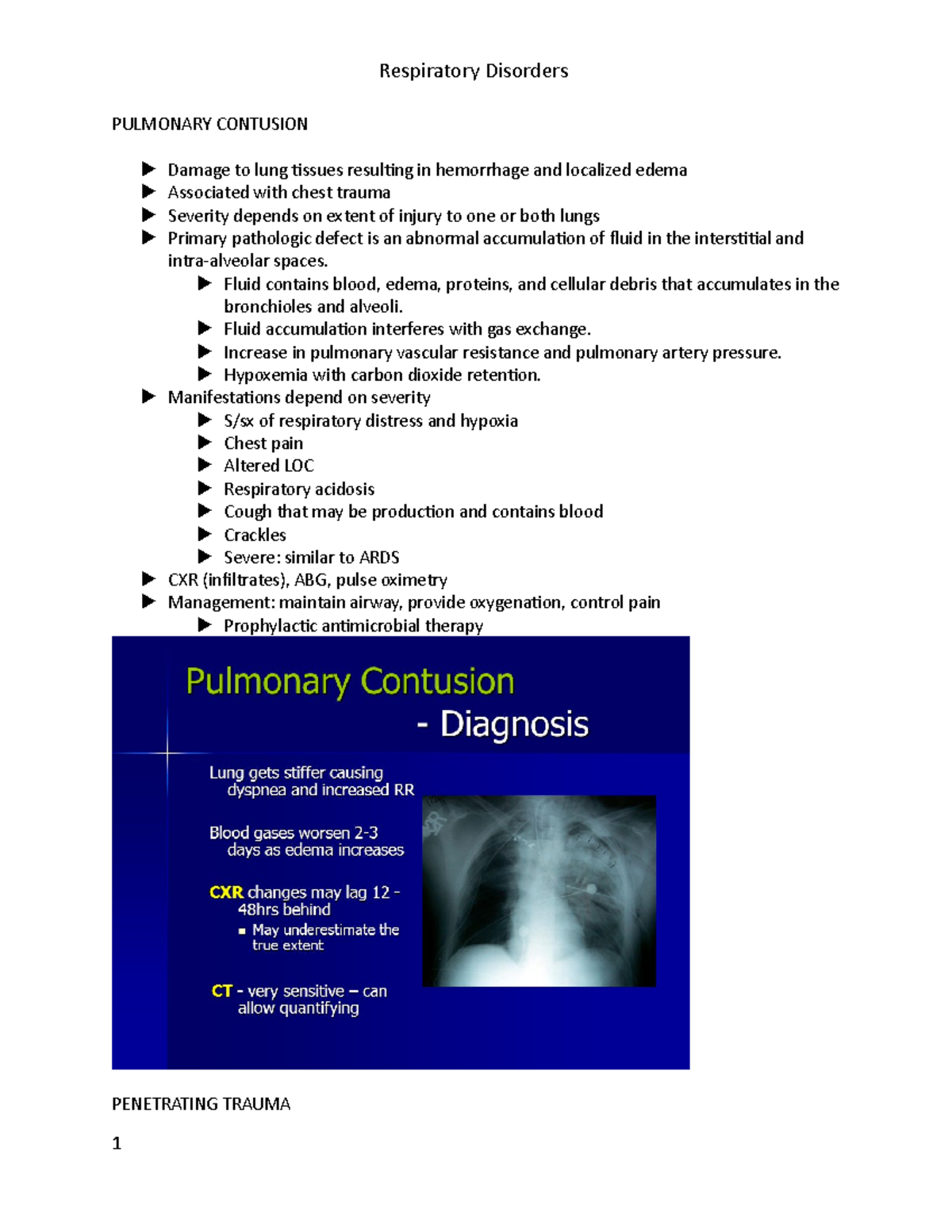 Respiratory Disorders Part 2 - PULMONARY CONTUSION u Damage to lung ...