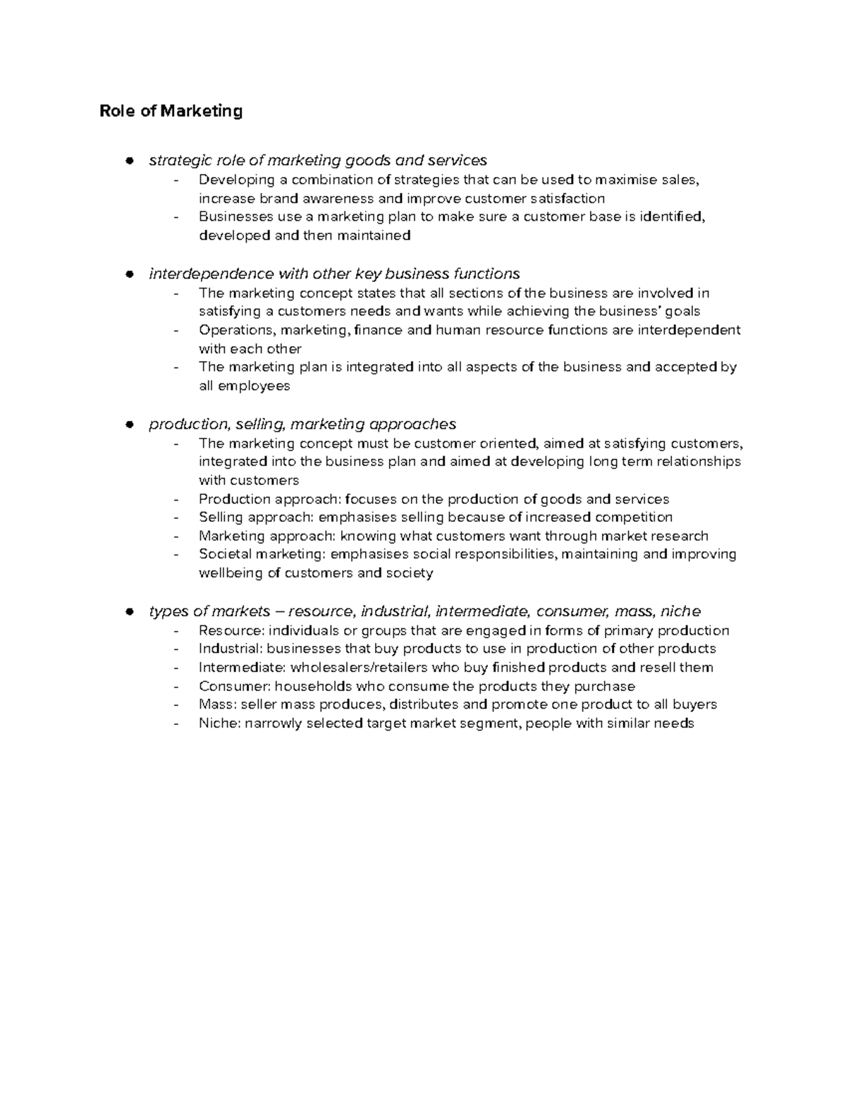 Business Marketing Notes - Year 12 - Role of Marketing strategic role ...