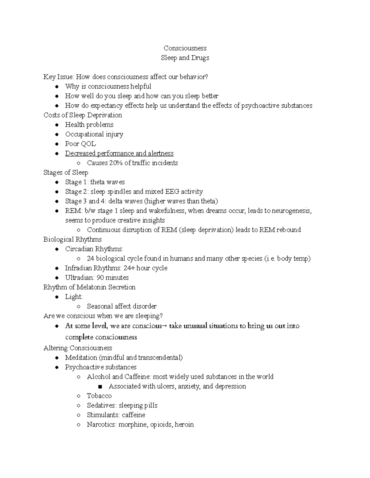 Psychology Chapter 5 - Lecture notes 5 - Consciousness Sleep and Drugs ...