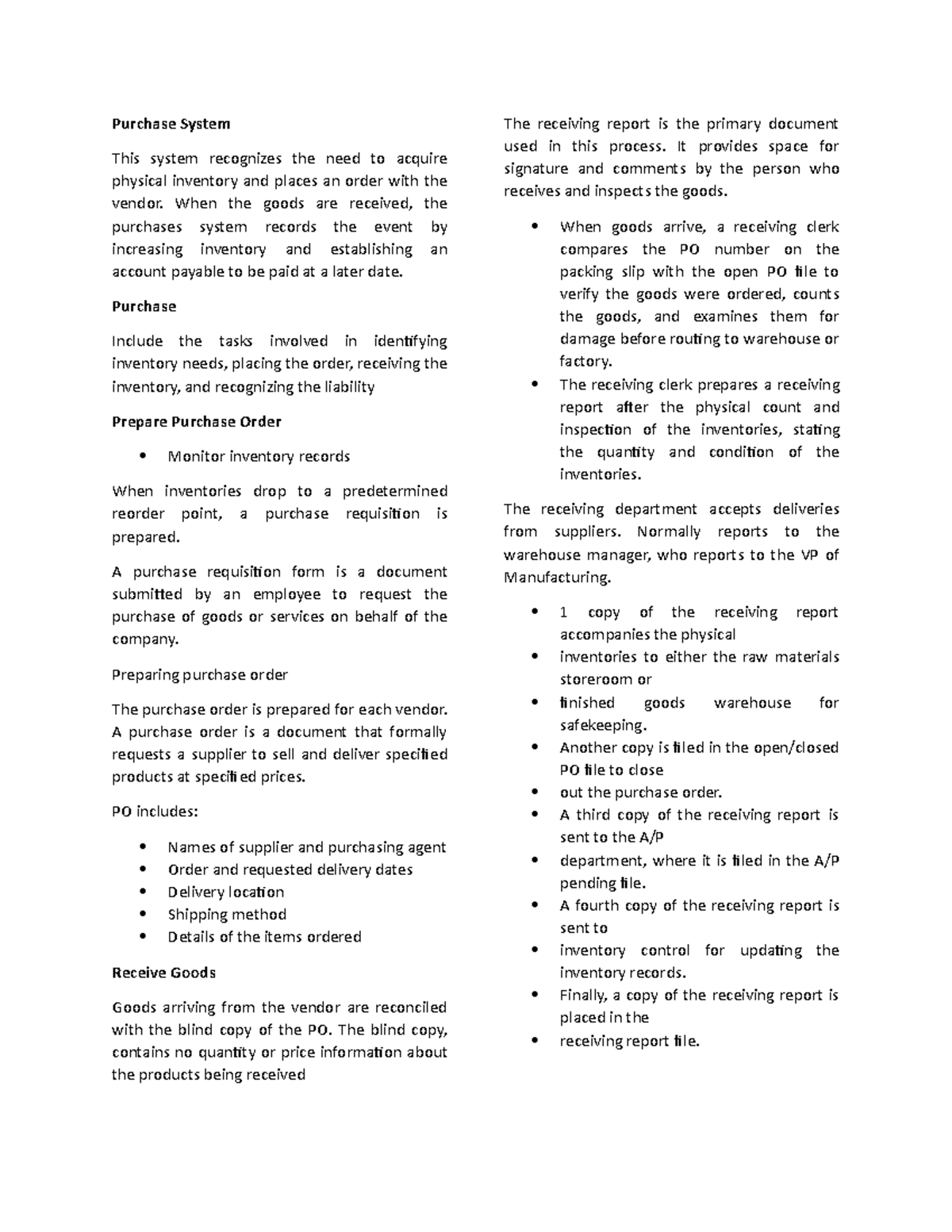 Purchases Cycle - Purchase System This system recognizes the need to ...