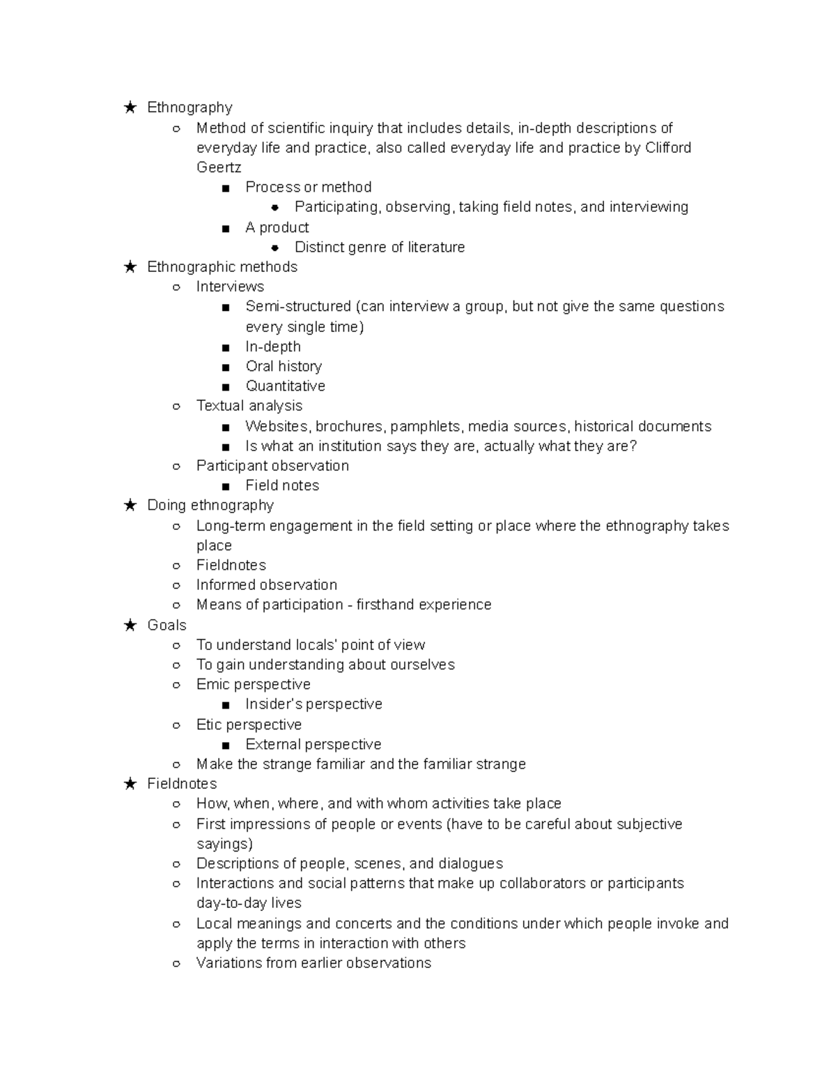 ANTH 101 Methods of anthropology - ★ Ethnography Method of scientific ...
