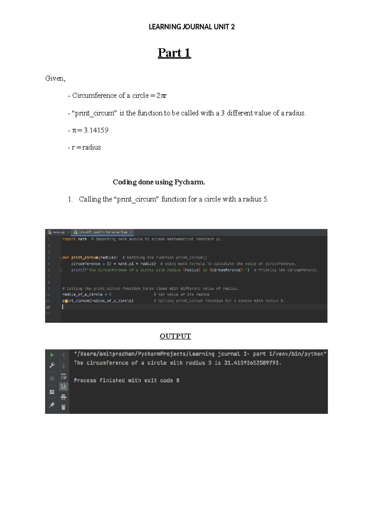 Programming Assignment Unit 2 - Part 1 Given, - Circumference of a ...