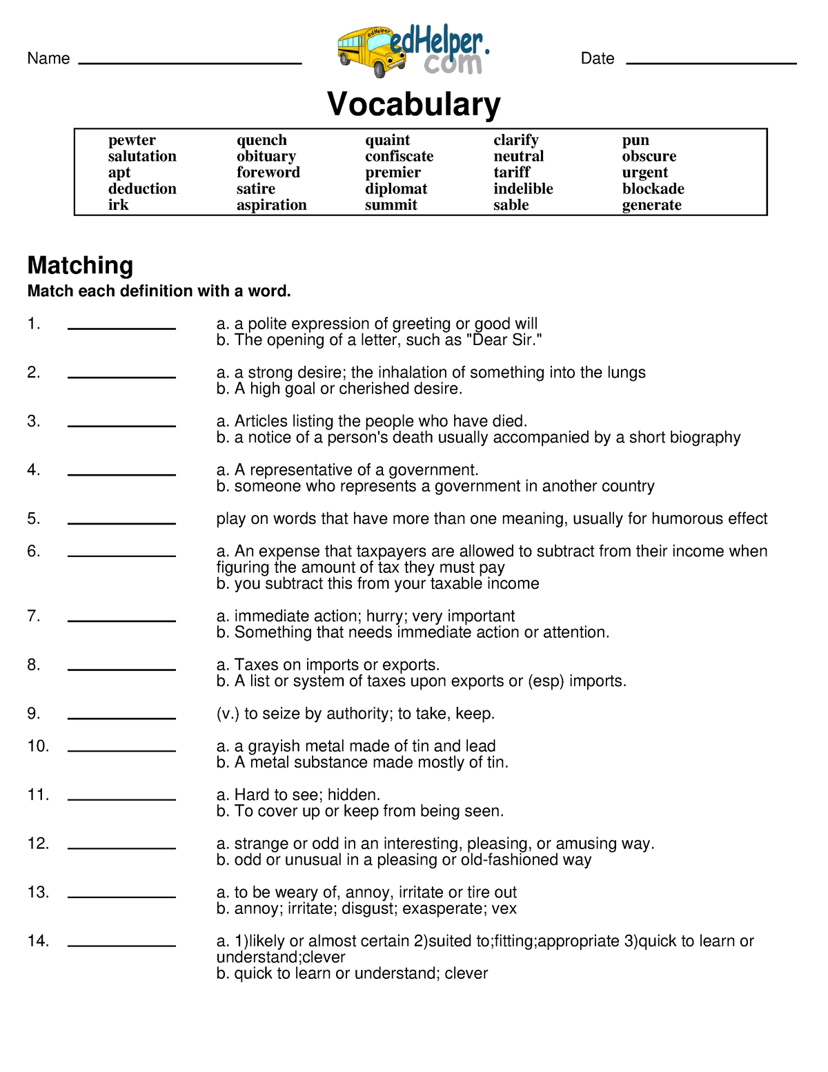 Grade 8 Marah - quiz - Vocabulary pewter quench quaint clarify pun ...