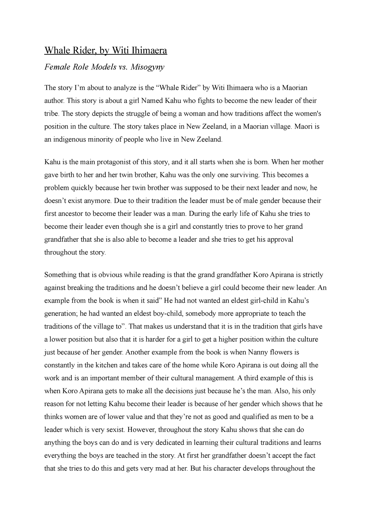 Whale Rider english essay - Whale Rider, by Witi Ihimaera Female Role