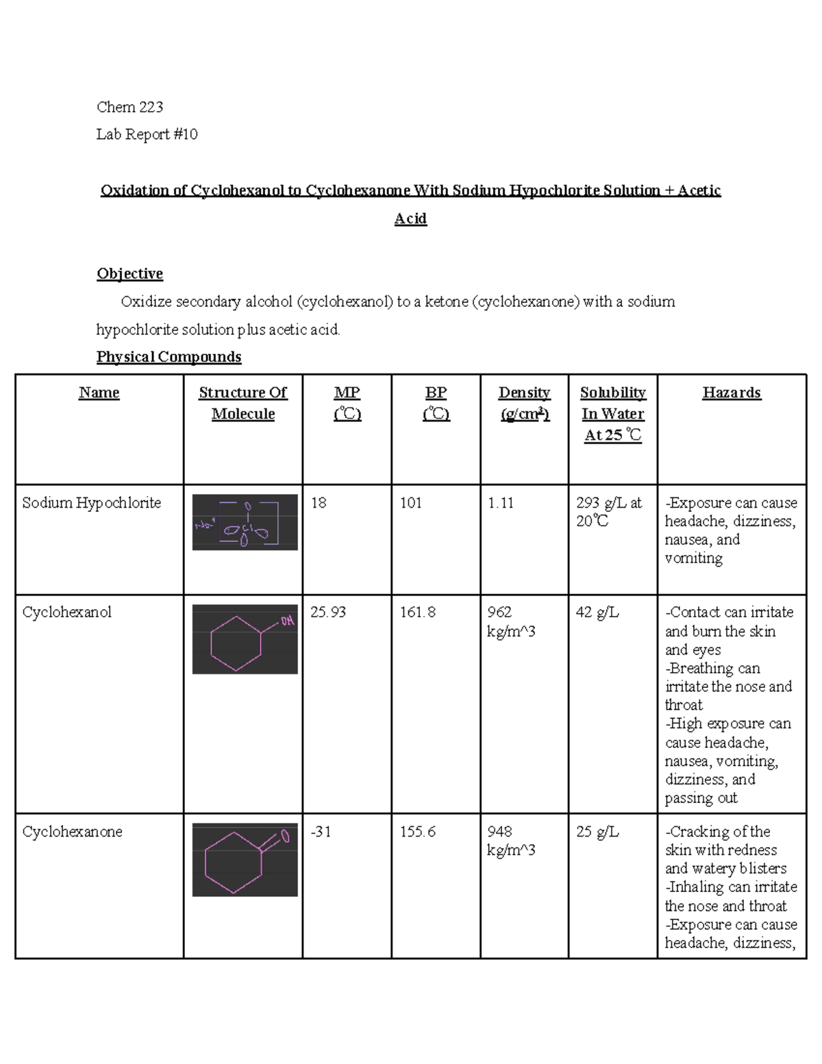 Oxidation of Cyclohexanol Lab Report Chem 223 Lab Report Oxidation