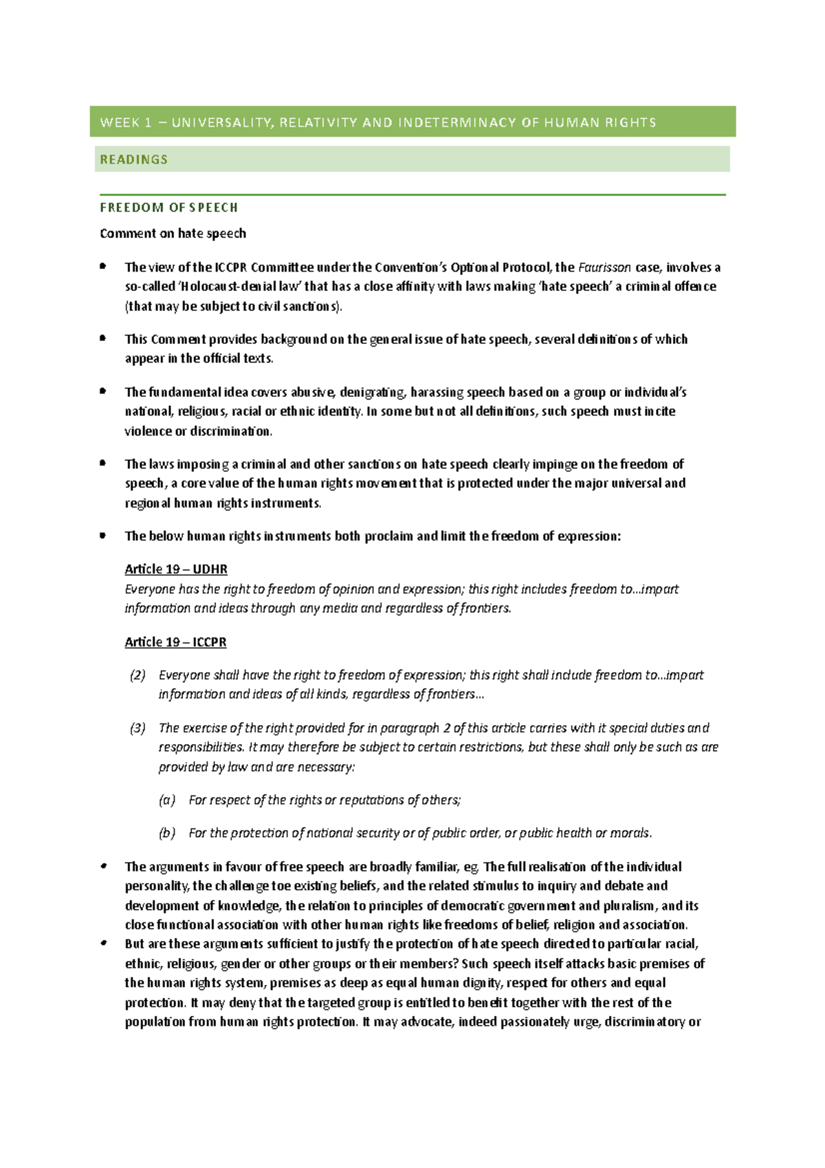Notes - International Human Rights Law - WEEK 1 – UNIVERSALITY ...